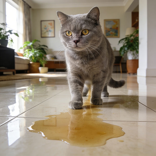 The cat squatted on the floor outside the litter box and left a large puddle of urine.