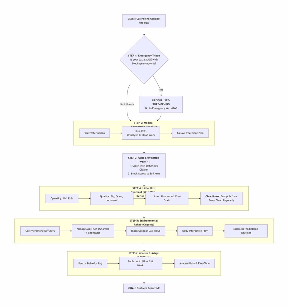 Stop Cat Peeing Outside the Box: 6-Step Solution Flowchart A decision-tree flowchart for solving cat peeing. The chart helps cat owners diagnose whether the cause is medical, litter-box related, or behavioral (like spraying), and provides a clear step-by-step path to resolve the issue and get their cat using the litter box consistently again.
